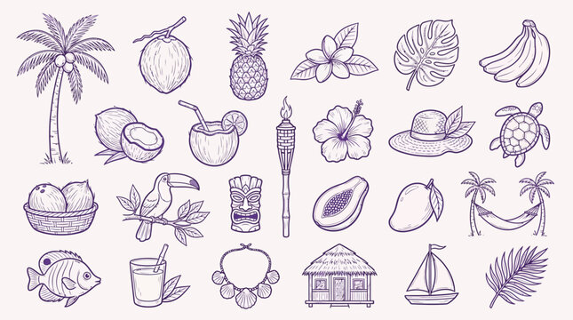 A collection of hand-drawn tropical island elements, including fruits, plants, animals, and cultural symbols, presented in a purple sketch style on a light background.