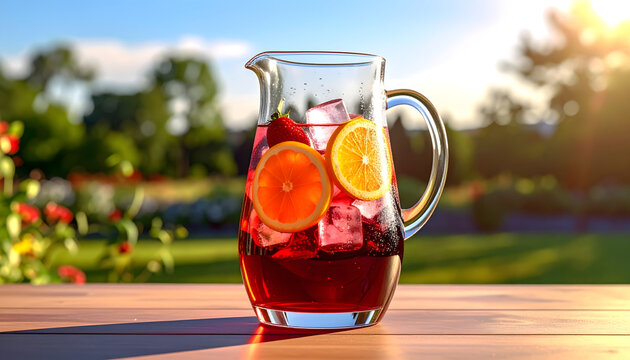 Glass pitcher filled with red wine ice cubes and fruit slices standing in bright sunlight with condensation on the glass generative AI