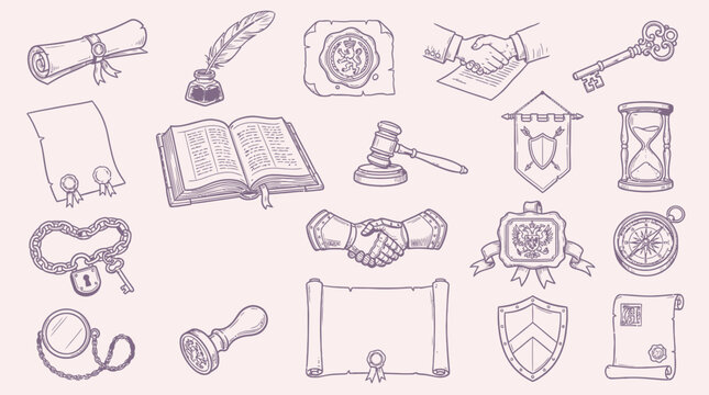 A collection of hand-drawn legal and business-related icons, including scrolls, seals, gavels, and keys, presented in a vintage sketch style.