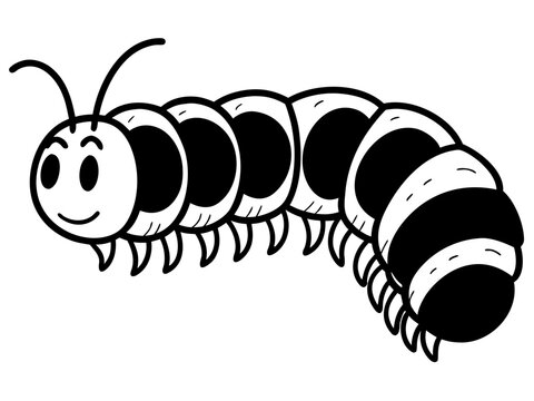 Simple black and white centipede cartoon on white background