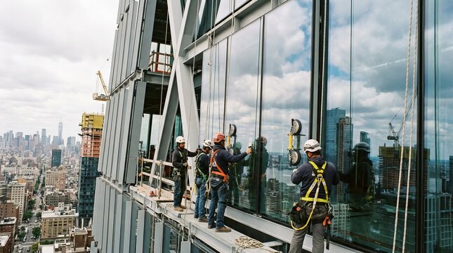Construction Crew Installing Glass Facade on High-Rise Building with City Skyline