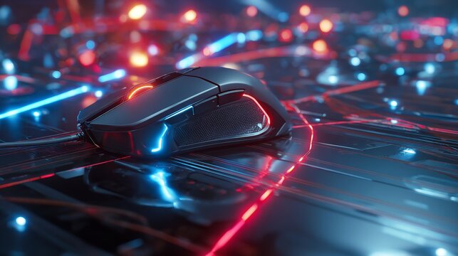 High-tech gaming mouse illuminated with vibrant red and blue LED lights with intricate details.