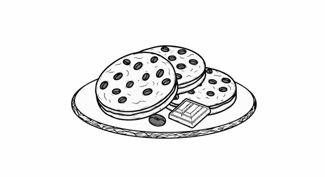 Three round cookies with coffee beans and a piece of chocolate on a plate