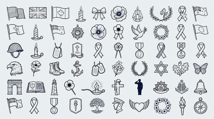 Naklejka premium A comprehensive collection of diverse icons representing remembrance, military service, and national symbols, including flags, medals, and emblems.