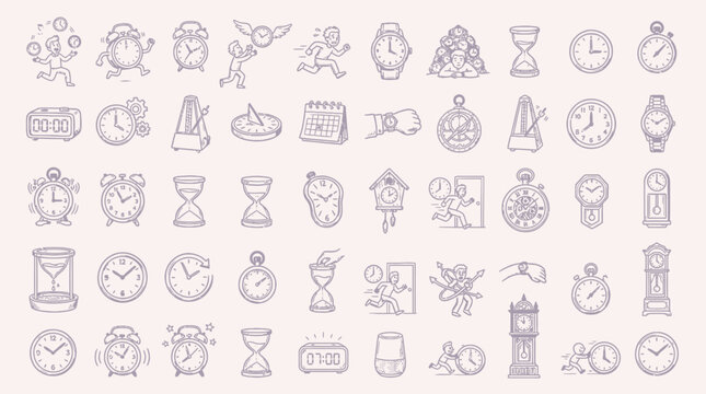A comprehensive collection of hand-drawn illustrations depicting various timekeeping devices and concepts.