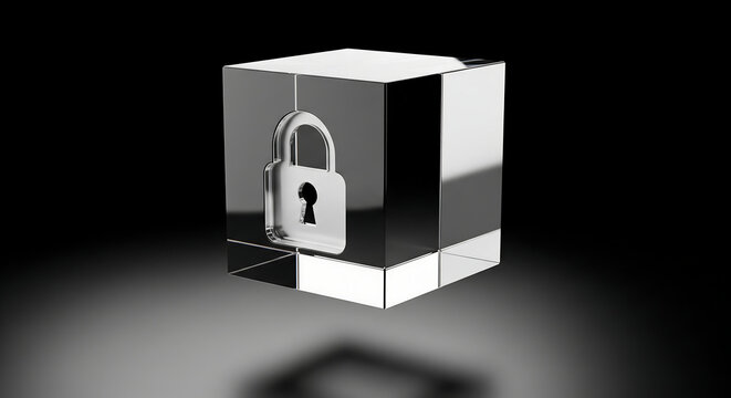 3D Illustration of a Transparent Glass Cube with an Engraved Padlock Symbol for Data Security and Cyber Protection