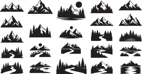 Minimalist nature landscape icon set featuring mountains, hills, trees, rivers, and sun for outdoor themed designs © JahirulIslam