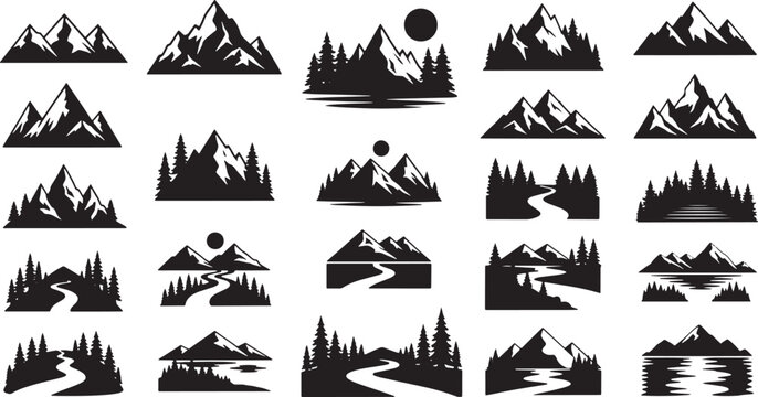 Minimalist nature landscape icon set featuring mountains, hills, trees, rivers, and sun for outdoor themed designs