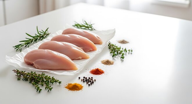Raw chicken breast neatly arranged on parchment paper