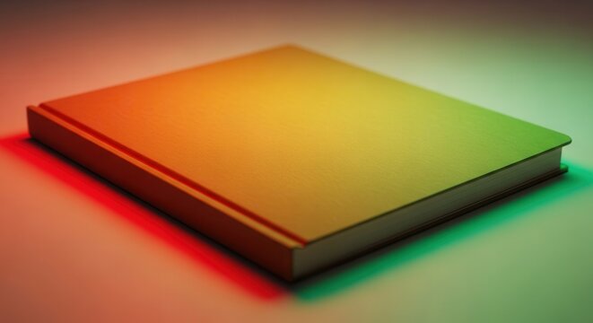A blank hardcover book bathed in a captivating red-orange and vibrant green light gradient