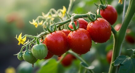 Obraz premium Ripe Tomatoes on the Vine - A Close-Up of Garden Fresh Produce.