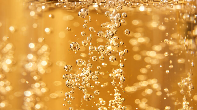 Luxurious golden champagne oil serum bubbles rising close up macro liquid elixir premium beauty skincare ingredient luxury advertising concept