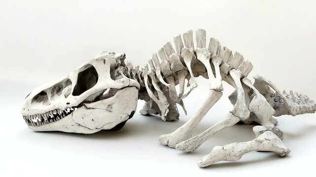 Detailed view of a dinosaur skeleton model showcasing intricate bone structure and anatomy