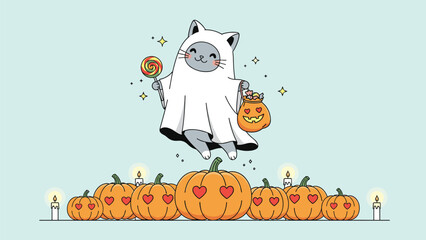 Fototapeta premium Cute cat in a white ghost costume holding a trick or treat bag while floating above a row of glowing pumpkins.