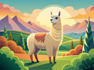 Fototapeta premium Llama posing in colorful valley during sunrise landscape