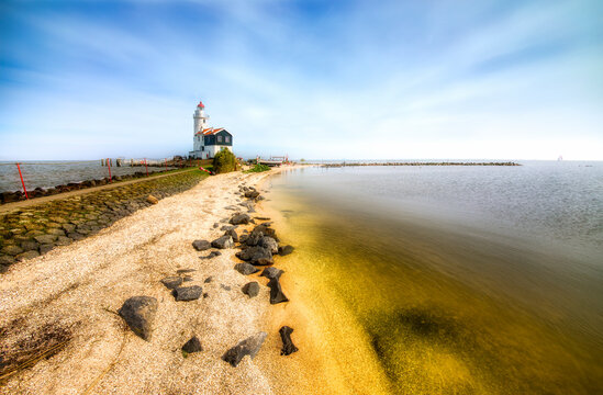 The Beautiful Paard van Marken (Horse of Marken) Lighthouse on the Marken Peninsula, Netherlands