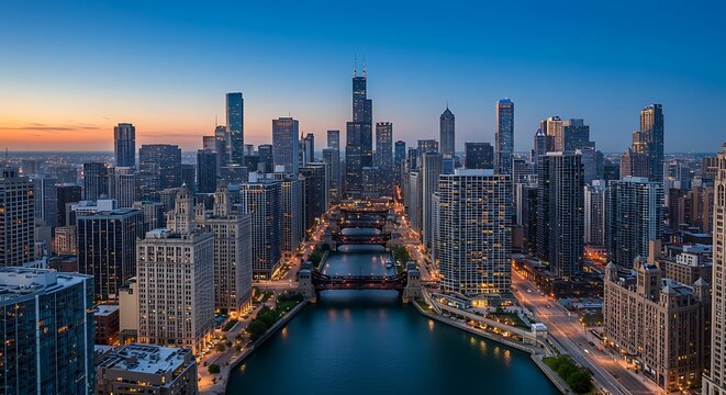 Chicago downtown cityscape at dusk with Willis Tower and river bridges aerial view