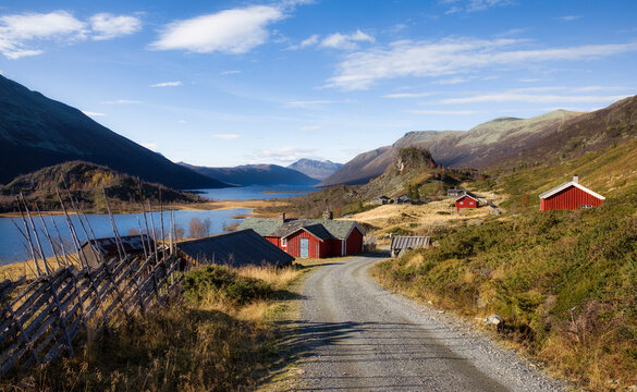 The Valley with Beautiful Helin Lake and Typical, Old Agricultural Buildings at Stro in Vestre Slidre Municipality, Norway