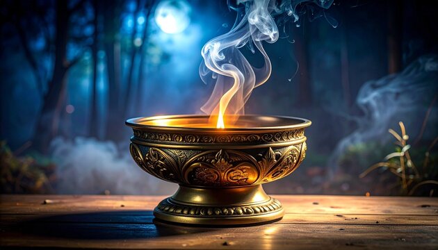 Golden ornate incense burner on forest floor with mystical smoke illuminated by blue light, symbolic visualization of ritual, mystery, and ancient tradition.