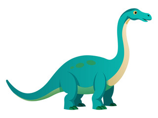 Fototapeta premium Teal long neck cartoon dinosaur walking on white background