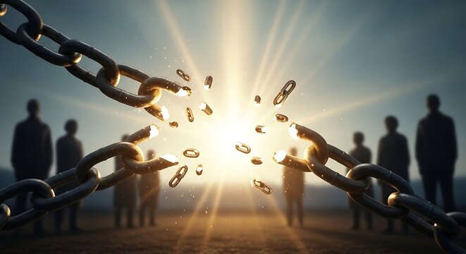 Conceptual image of breaking metal chains for freedom and liberation.