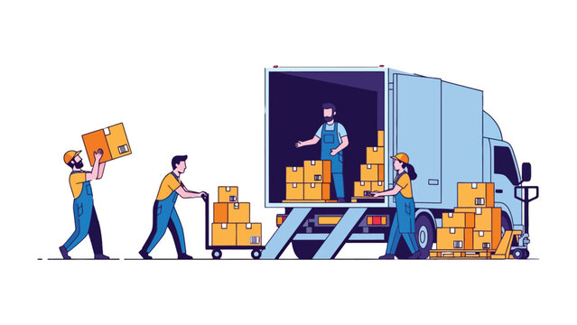 Moving Crew at Work: A team of dedicated movers orchestrates a seamless relocation process, efficiently loading parcels into a delivery vehicle for efficient transition.