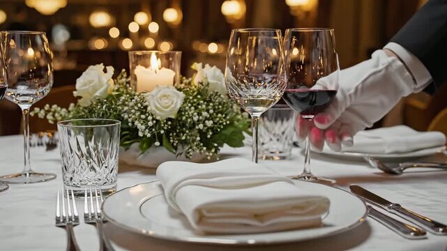 Elegant table setting with wine glasses and candlelight for dinner