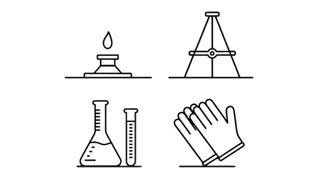 Essential Laboratory Icons: A collection of meticulously crafted line art icons representing indispensable tools of scientific exploration. The images of bunsen burner, tripod, test tubes.