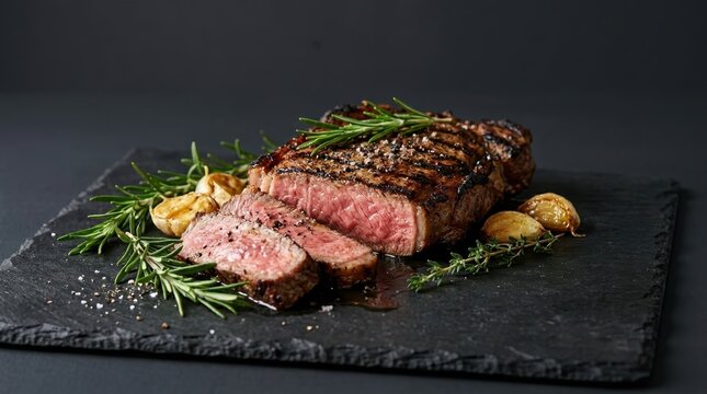 Perfectly grilled New York strip steak with garlic and rosemary on a dark slate plate