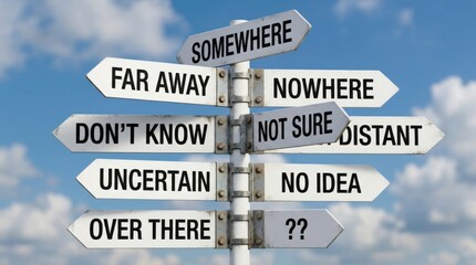 Fototapeta premium Directional road sign with confusing text, white wooden signpost against blue sky, metaphorical arrows showing uncertainty and lost direction