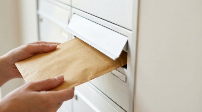 Close-up of hand inserting a brown envelope into a white mailbox, correspondence and mail delivery concept with blurred copy space.