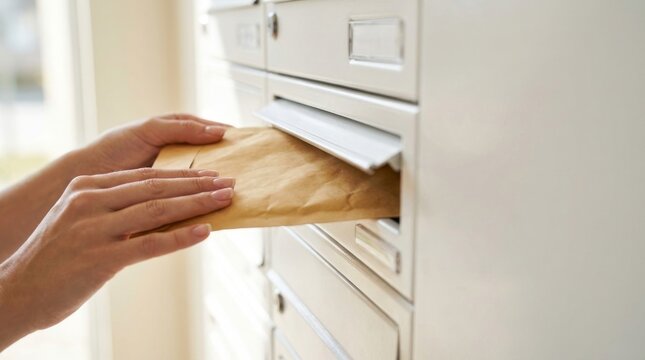Close-up of hand inserting a brown envelope into a white mailbox, correspondence and mail delivery concept with blurred copy space.