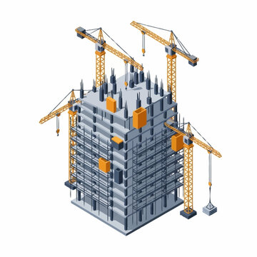 Construction site with cranes building skyscraper.