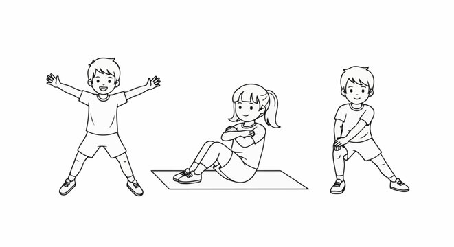 Three cartoon children doing different exercises like jumping jacks, sit-ups, and stretching