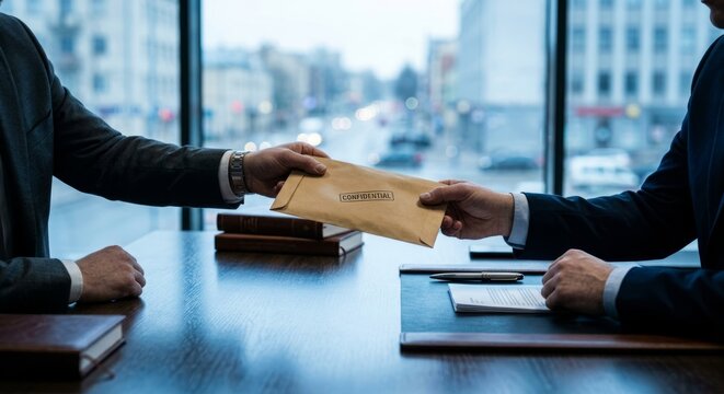 Businessman Giving a Brown Envelope to a Partner in a Modern Office. Concept of Corruption, Bribery, or Secret Deal and Illegal Transaction.