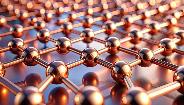 Macro view of copper metallic lattice network with spherical nodes and cylindrical connectors, showing crystalline symmetry, nanostructure precision, and reflection.