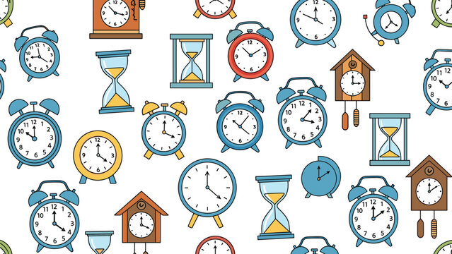 Charming seamless pattern of various timepieces including alarm clocks, hourglasses, and cuckoo clocks in a colorful repeat design.