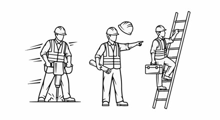 Obraz premium Three construction workers are shown in action drilling, pointing, and climbing