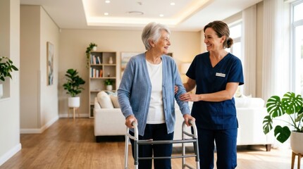Obraz premium Elderly woman with silver hair receiving assistance from caregiver while using a walker in a comfortable home setting