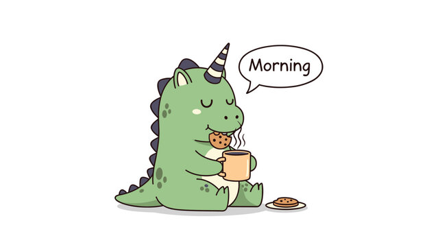 Cute green dragon hybrid character peacefully sitting and enjoying a warm cup of coffee and a cookie in the morning hours.