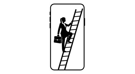 Silhouette of a business woman climbing a ladder inside a mobile phone screen. © Jalaludin_Razi
