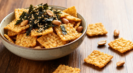 Fototapeta premium Japanese rice crackers in bowl. Party snack crackers with nori, peanuts and sesame seeds