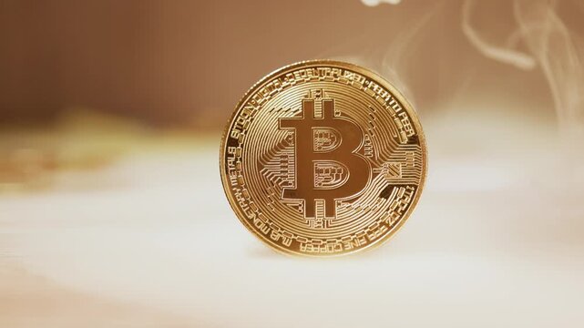 Shiny Bitcoin coin with swirling smoke representing volatile cryptocurrency market