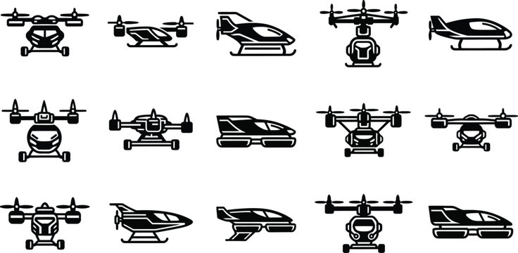 Futuristic passenger drone and flying car line art vector