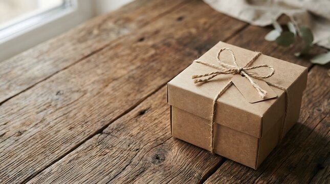Hand wrapped gift box with string on rustic wooden table of thoughtful gifting handmade packaging and festive surprise concept
