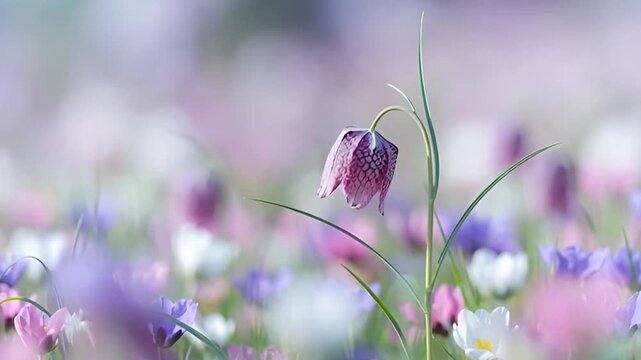Snake s head fritillary blooming in spring field. Rare purple flower with checkered pattern growing in meadow among crocuses. Nature botanical growth sequence.