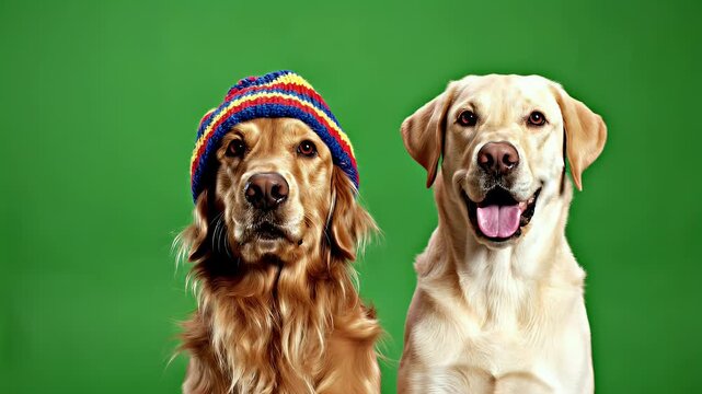 Two friendly dogs, one wearing a colorful knitted hat, pose for a portrait