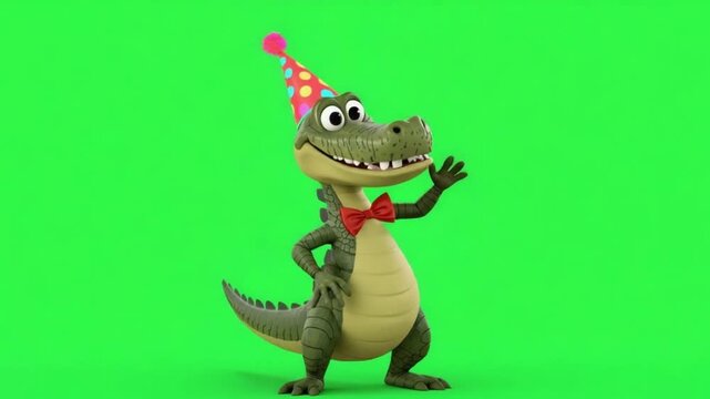 3D Cartoon Crocodile Party Dance Green Screen Animation