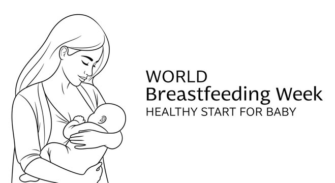 Line art illustration of a mother breastfeeding her newborn baby for World Breastfeeding Week.