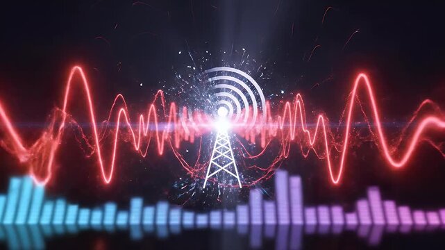 A vibrant equalizer display with red waveform against a dark background creates a dynamic visual representation of sound.
